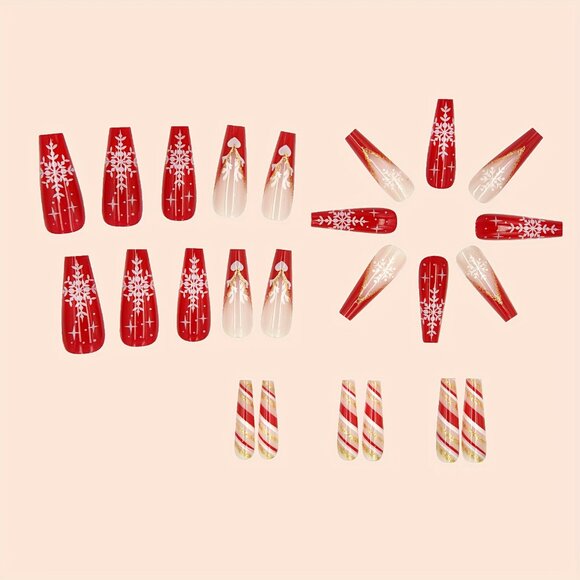 24-Piece Christmas Nail Art Set Long Ballet-Shaped Press-on Nails with Snowflake - Picture 4 of 6